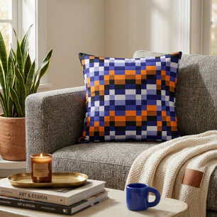 Almofada de Pixel Art – Azul, Laranja e Terra