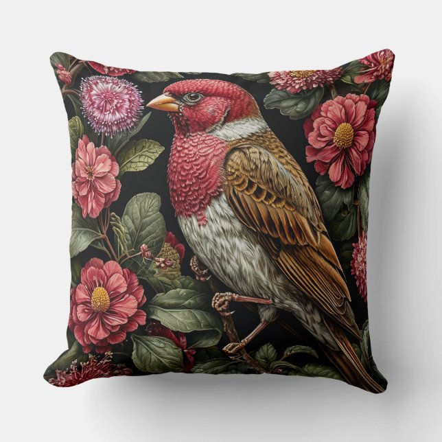 Almofada Decoração Botânica de Pássaros e Flores Inspirada  (Frente)