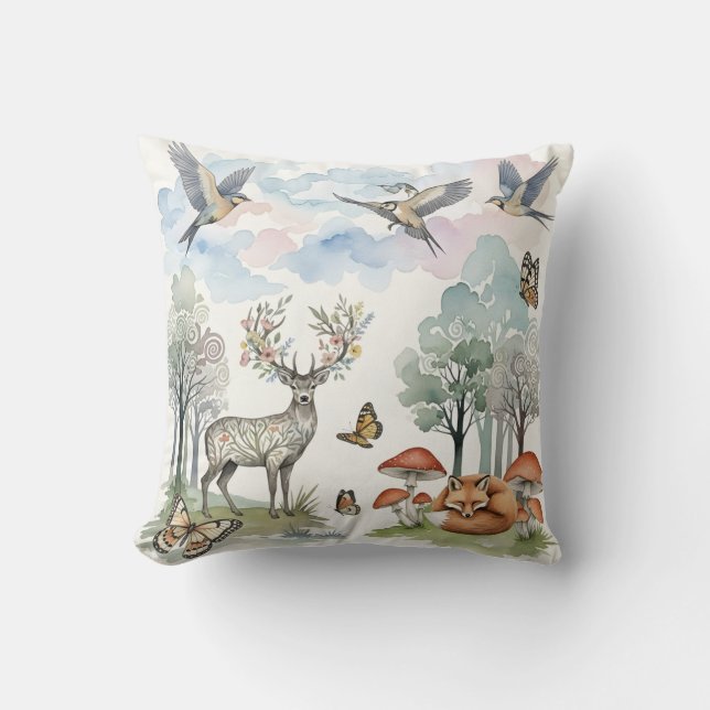 Almofada Decoração de Berçário Boho Cena da Floresta com Ve (Frente)
