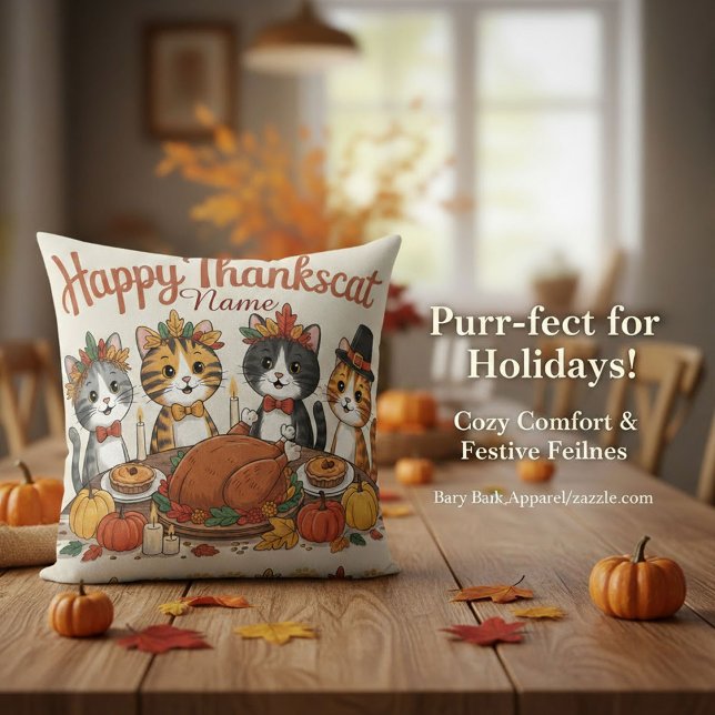 Almofada Decoração de Gatos de Ação de Graças com Nome Pers (Criador carregado)