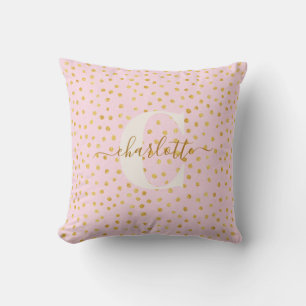 Almofada Decoração de Monograma com Bolinhas Douradas Rosa