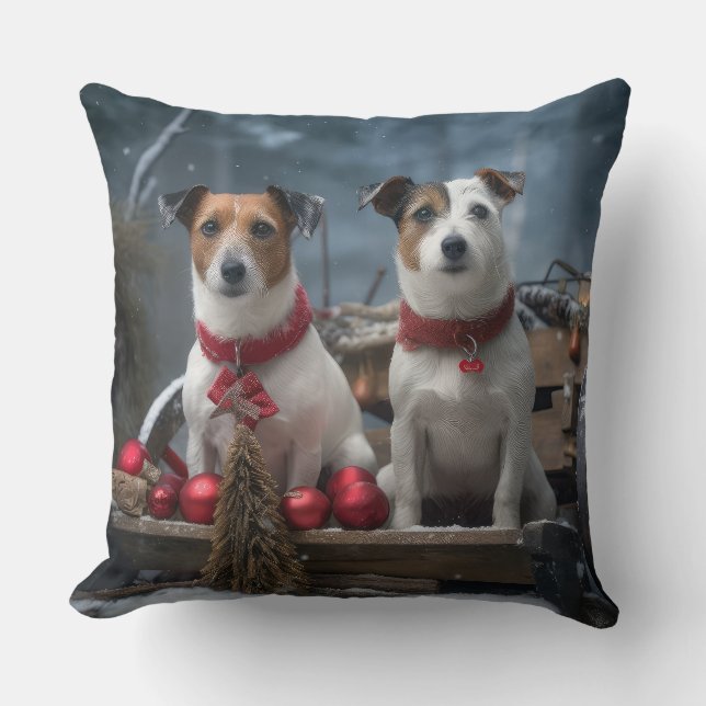Almofada Decoração de Natal de Trenó com Jack Russell Branc (Frente)