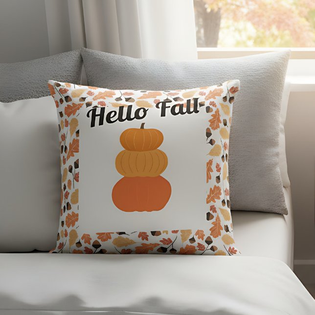 Almofada Decoração de Outono para Casa com Abóboras e Folha (Autumn decorative pillow with pumpkin design and “Hello Fall” text.)