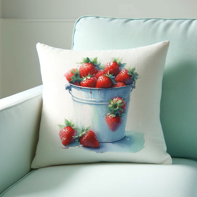 Almofada Decoração do Armazém de Morango (Farmhouse style throw pillow features watercolor strawberries in a tin pint. )