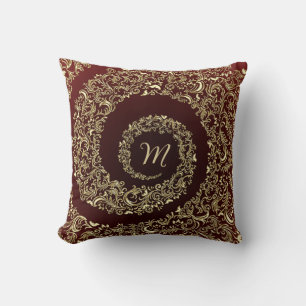 Almofada Decoração do Monograma Dourado e Borgonha