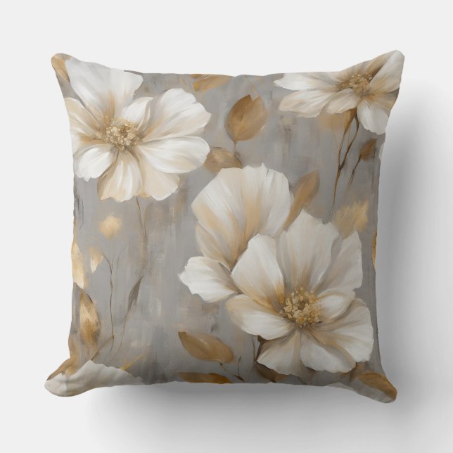 Almofada Decoração Floral Cinza Dourado Branco para Casa (Frente)