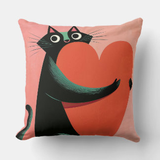 Almofada Decoração Rosa Pastel Coração de Gato Preto Retro