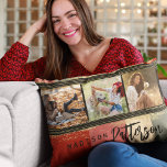 Almofada Decorativa 3 Nome Personalizado de Colagem de Fotografias Rus<br><div class="desc">3 O Travesseiro decorativo de Travesseiro de Destaque Abstrato da Colagem de Fotos Rustic Personalized Name apresenta uma colagem de fotos de três das suas fotos favoritas com o seu nome personalizado em um simples script preto sobre um fundo abstrato. Personalize editando o texto nas caixas de texto fornecidas. Presente...</div>