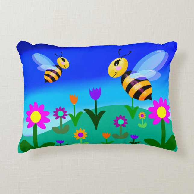 Almofada Decorativa Abehas felizes em um campo de flores (Frente)