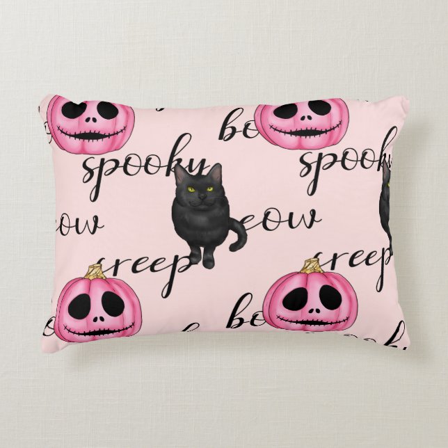 Almofada Decorativa Abóbora Rosa e Gato Preto (Frente)