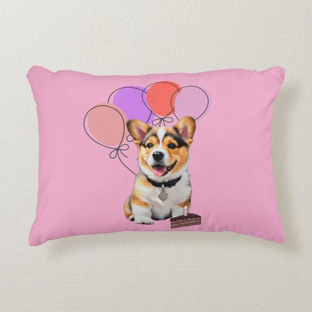 Almofada Decorativa Adorable Pink Cheerful Corgi Birthday Party  (Frente)