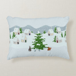 Almofada Decorativa Aldeia de inverno com neve, coelho, esquilo e pinh