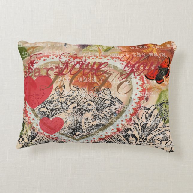 Almofada Decorativa Amar Pássaros Coração Colagem de Arte Vermelha (Verso)