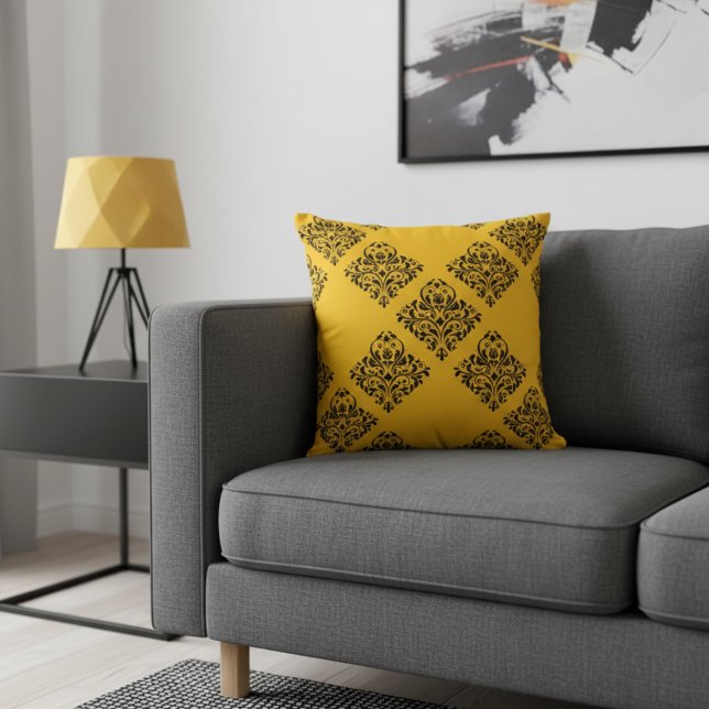 Almofada Decorativa Amarela e Preta para Sofá (Yellow and black decorative throw pillow.)