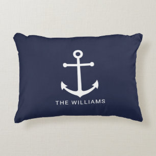 Almofada Decorativa Âncora branca náutica e nome personalizado em azul