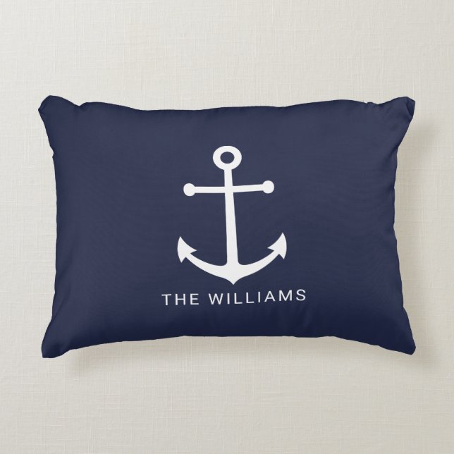 Almofada Decorativa Âncora branca náutica e nome personalizado em azul (Frente)