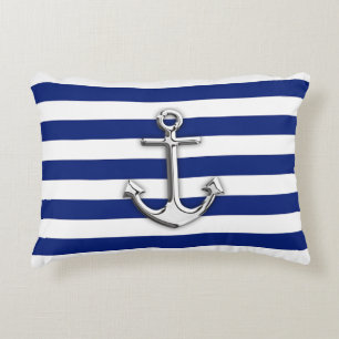 Almofada Decorativa Âncora Cromada Náutica em Listras Navy Impressas