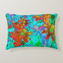 Almofada Decorativa Aqua Tropical com Flores Amarelas e Laranja