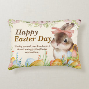 Almofada Decorativa Aquarela Coelhinho Floral com Laço de Feliz Páscoa