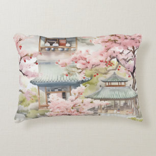 Almofada Decorativa Aquarela de Pagoda Asiática em meio às flores de c