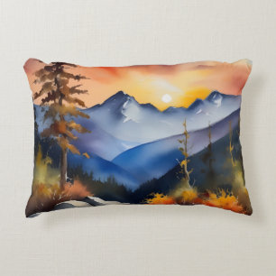 Almofada Decorativa Aquarela do nascer do sol sobre as montanhas cober