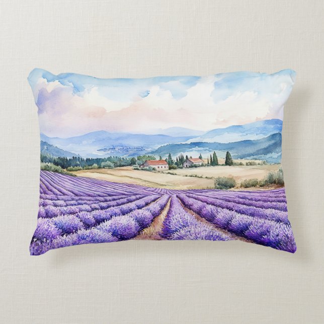 Almofada Decorativa Aquarelas de belos campos de lavanda (Frente)