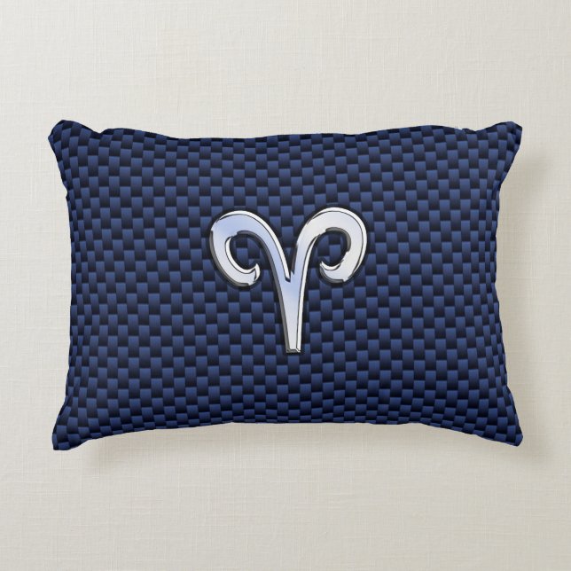Almofada Decorativa Aries Zodiac Símbolo Marinho Azul Fibra de Carbono (Frente)