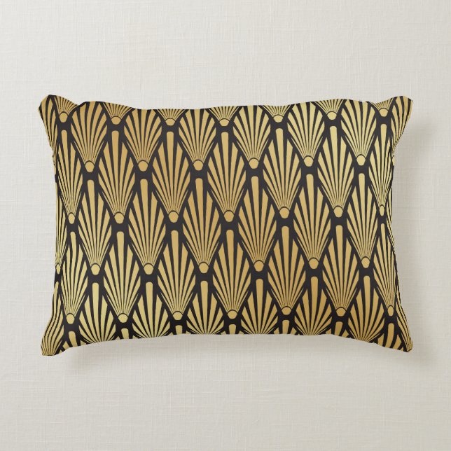 Almofada Decorativa Art Deco Palms: Preto Dourado. (Frente)