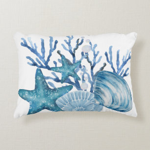 Almofada Decorativa Arte de Estrela-do-Mar Coral Azul Aquarela Praia