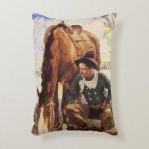 Almofada Decorativa Arte do vintage, vaqueiro que molha seu cavalo por