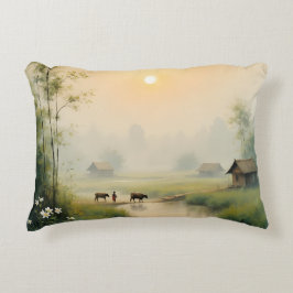 Almofada Decorativa Arte em Aquarela da Aldeia da Névoa Matinal Vietna