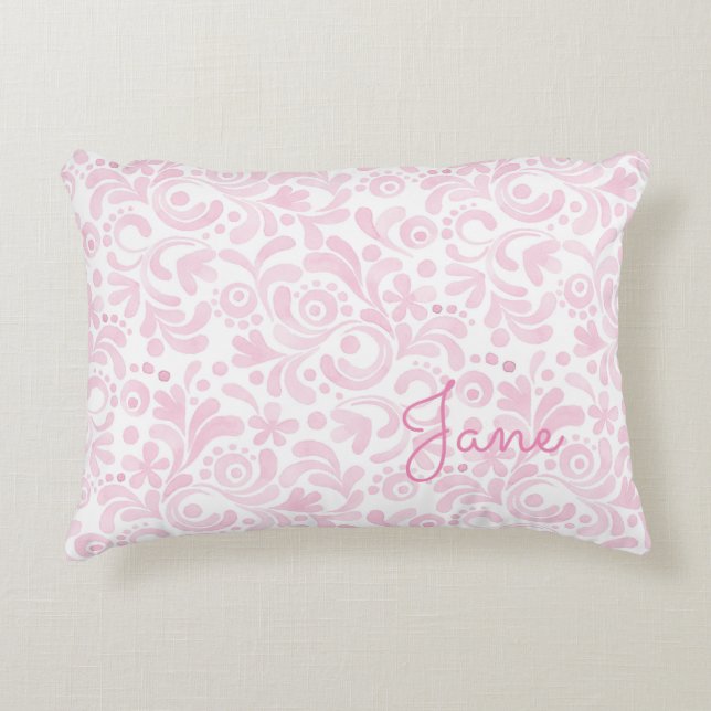 Almofada Decorativa Arte floral aquarela NAME rosa branco doce feminin (Frente)