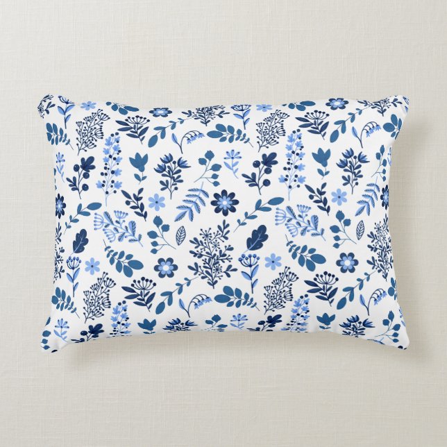 Almofada Decorativa Arte Popular Moderna Floral Impressão Azul Branco (Frente)