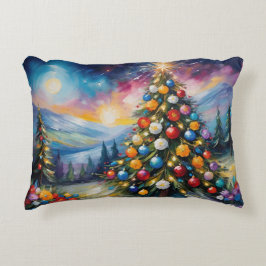 Almofada Decorativa Árvore de Natal Floral e Céu Noturno Pastel