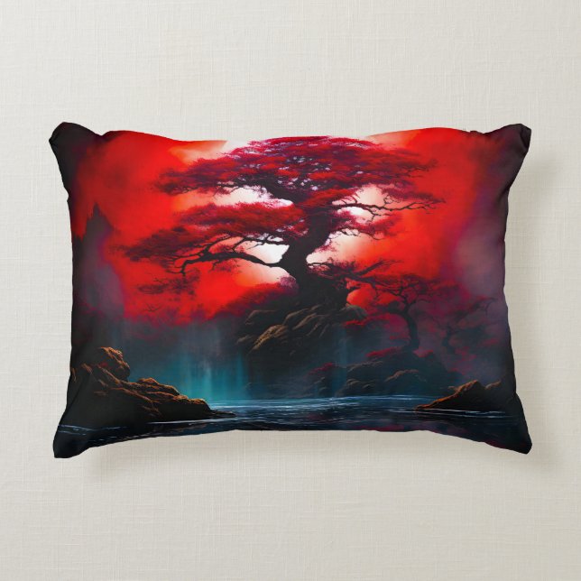 Almofada Decorativa Árvore Vermelha Mística Sob Lua Cheia (Frente)