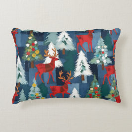Almofada Decorativa Árvores de Natal e Reindeer Denim e Xadrez