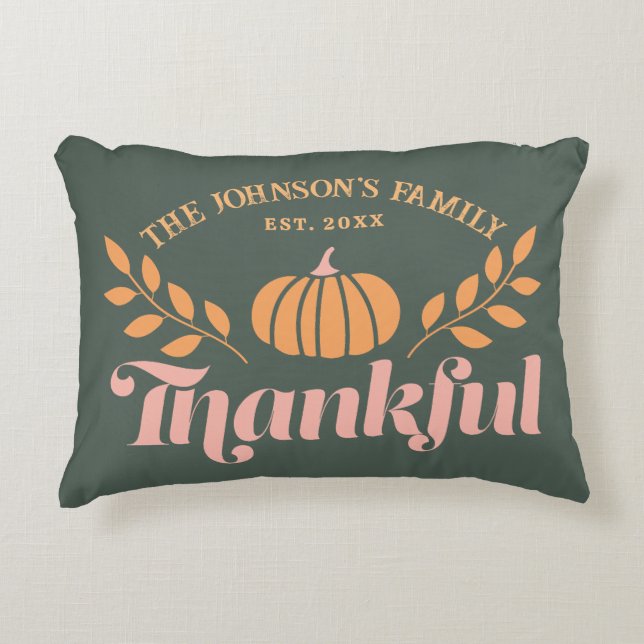 Almofada Decorativa Autumn Green Pink Orange Thankful Family (Frente)