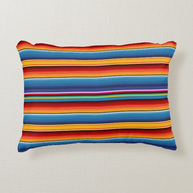 Almofada Decorativa Azul Dourado Vermelho Mexicano Sarape (Frente)