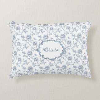 Almofada Decorativa Azul Francês Toile Chinoiserie Floral Nome de Meni