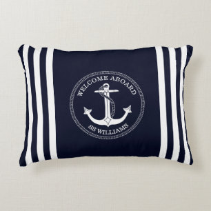 Almofada Decorativa Azul Marinho Listras de Âncora Brancas Nome do Bar