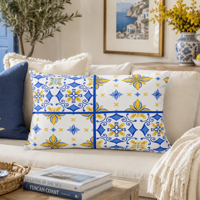 Almofada Decorativa Azulejo Azul Amarelo Mediterrâneo Patchwork  (Criador carregado)