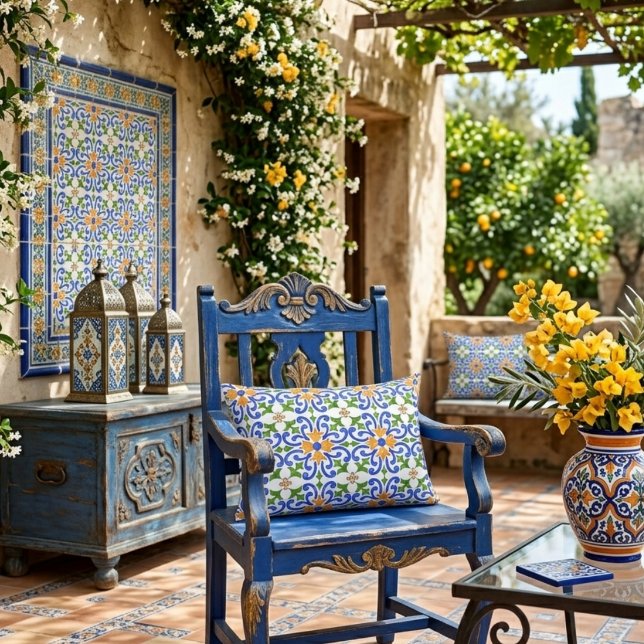 Almofada Decorativa Azulejo Espanhol Azul Laranja Verde Tile (Criador carregado)