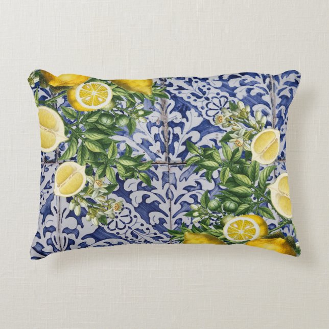 Almofada Decorativa Azulejos de Verão de Portugal com limões mediterrâ (Frente)