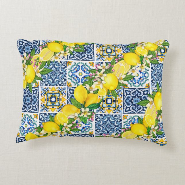 Almofada Decorativa Azulejos Sicilianos do Mediterrâneo, limões de cit (Verso)