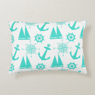 Almofada Decorativa Barco Litoral Náutico Branco Turquesa