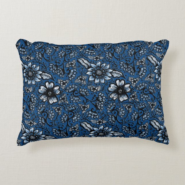 Almofada Decorativa Belos Flores de Boho | Azul clássico (Frente)