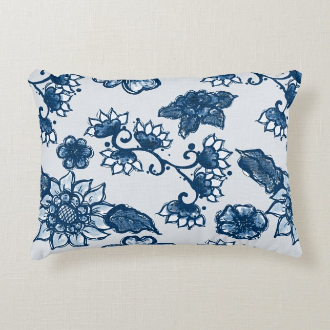 Almofada Decorativa Belos Flores de Boho | Azul clássico grande (Frente)