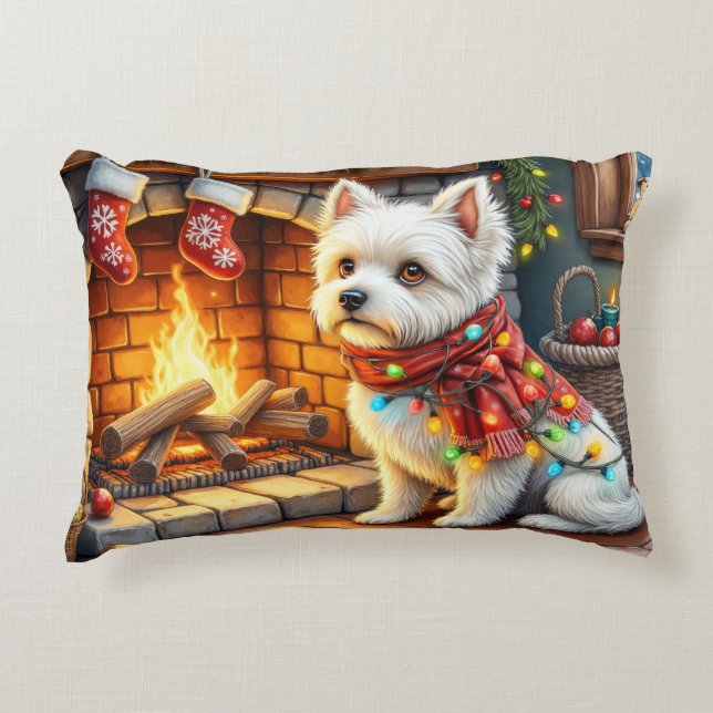 Almofada Decorativa Bichon Frise Fireplace with Christmas Lights (Frente)