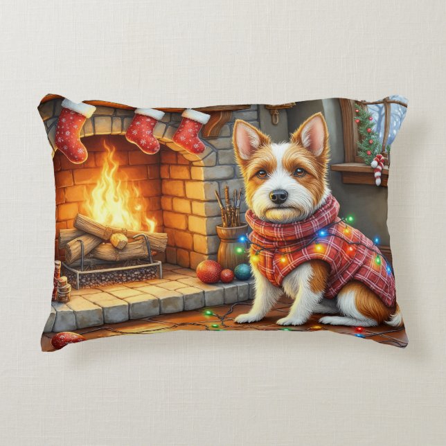 Almofada Decorativa Biewer Terrier Fireplace with Christmas Lights (Frente)