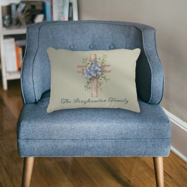 Almofada Decorativa Blue Floral Cross Personalizado (Watercolor Blue Floral Cross Personalized Accent Pillow)